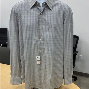 Isaia $375 Men's white/Gray Checkered Shirt made in Italy NWT
